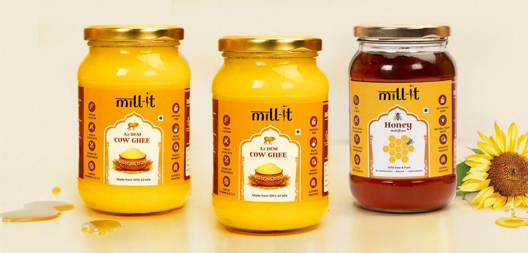 Mill-it A2 desi cow ghee and honey jars