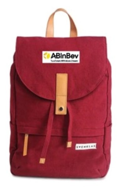 Maroon canvas backpack with AB InBev patch